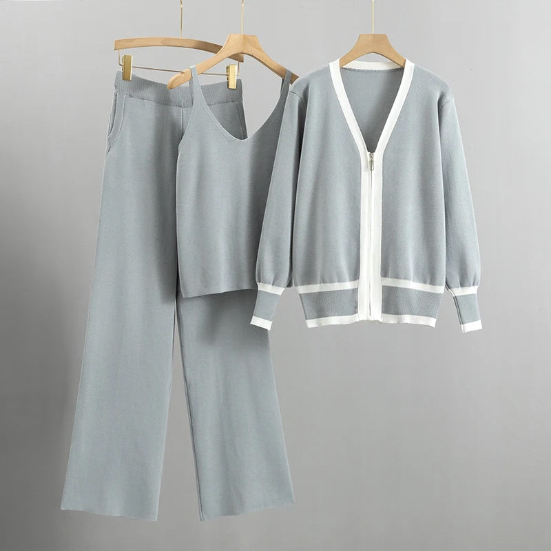 Valentina Rossi knitted 3-piece set with wide-leg pants, sleeveless top, and cardigan, V-neck