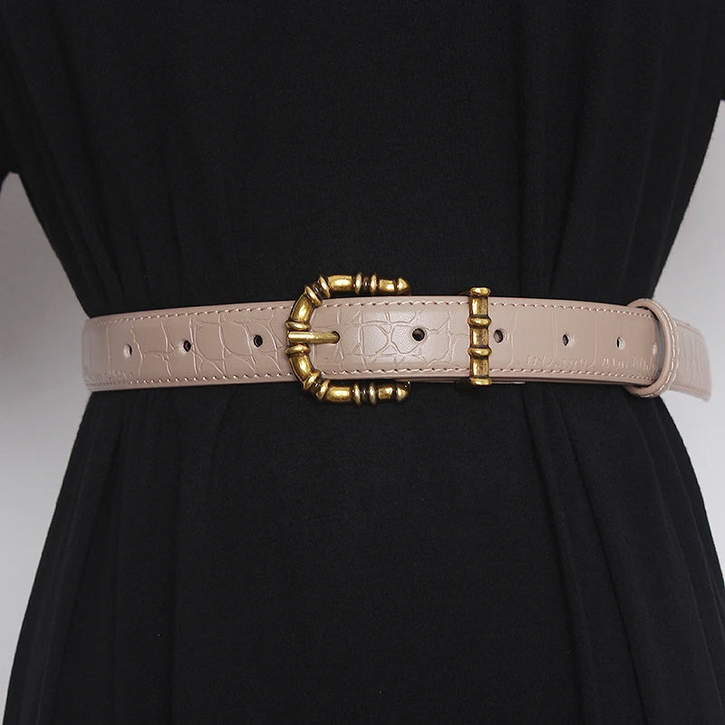 Gold-tone baroque buckle belt in crocodile-textured leather, waist-cinching sculptural statement piece