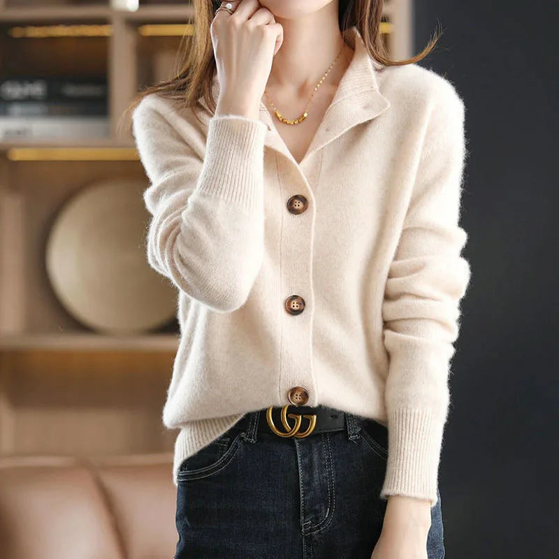 Plush blush cardigan with asymmetrical button detail and high neckline, premium viscose blend