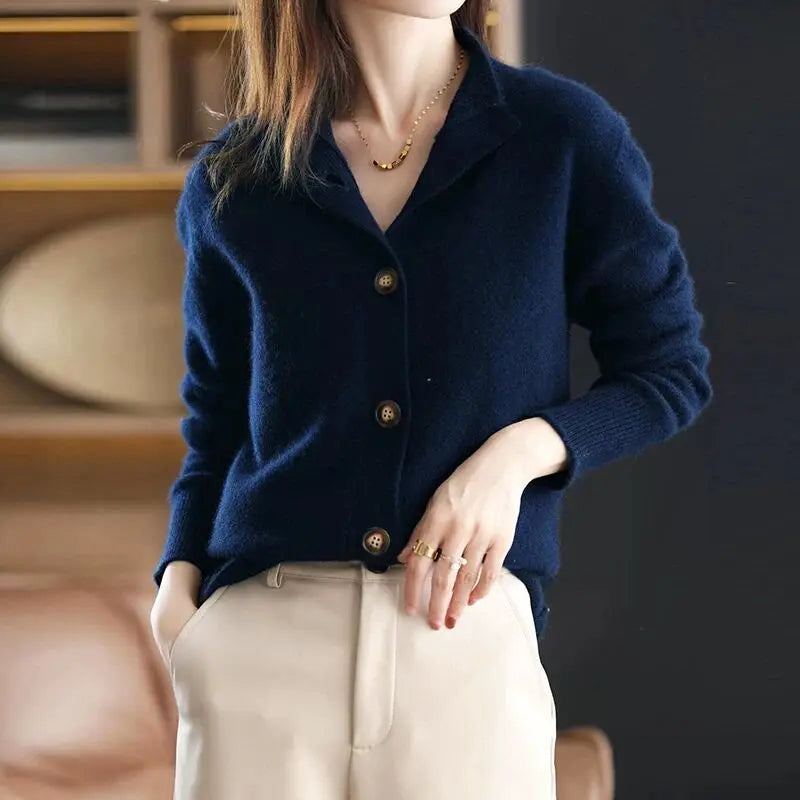 Dusty rose plush cardigan with asymmetrical button closure and high neckline, premium viscose blend