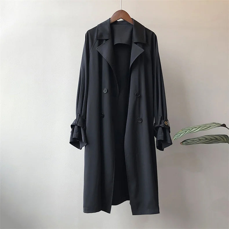 Valentina Rossi beige silky trench coat elegant lapel collar lightweight Parisian flowing drape design