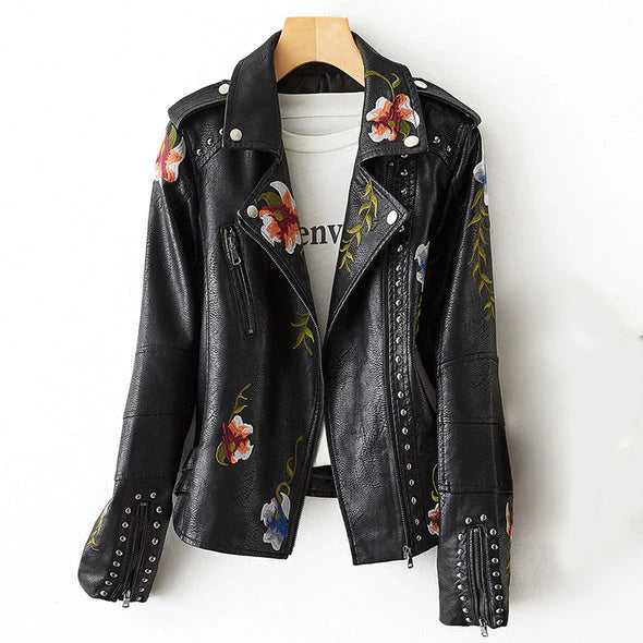 Black vegan PU leather retro moto jacket with embroidered floral print and silver stud detailing