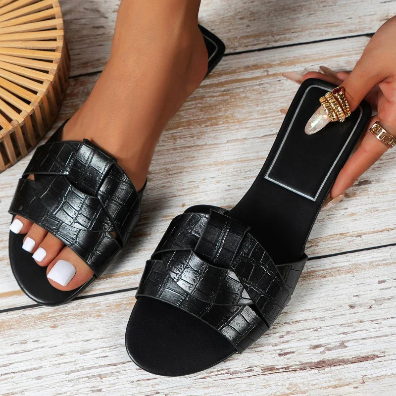 Valentina Rossi Seabreeze flat slip-on slippers smooth PU leather polished summer style