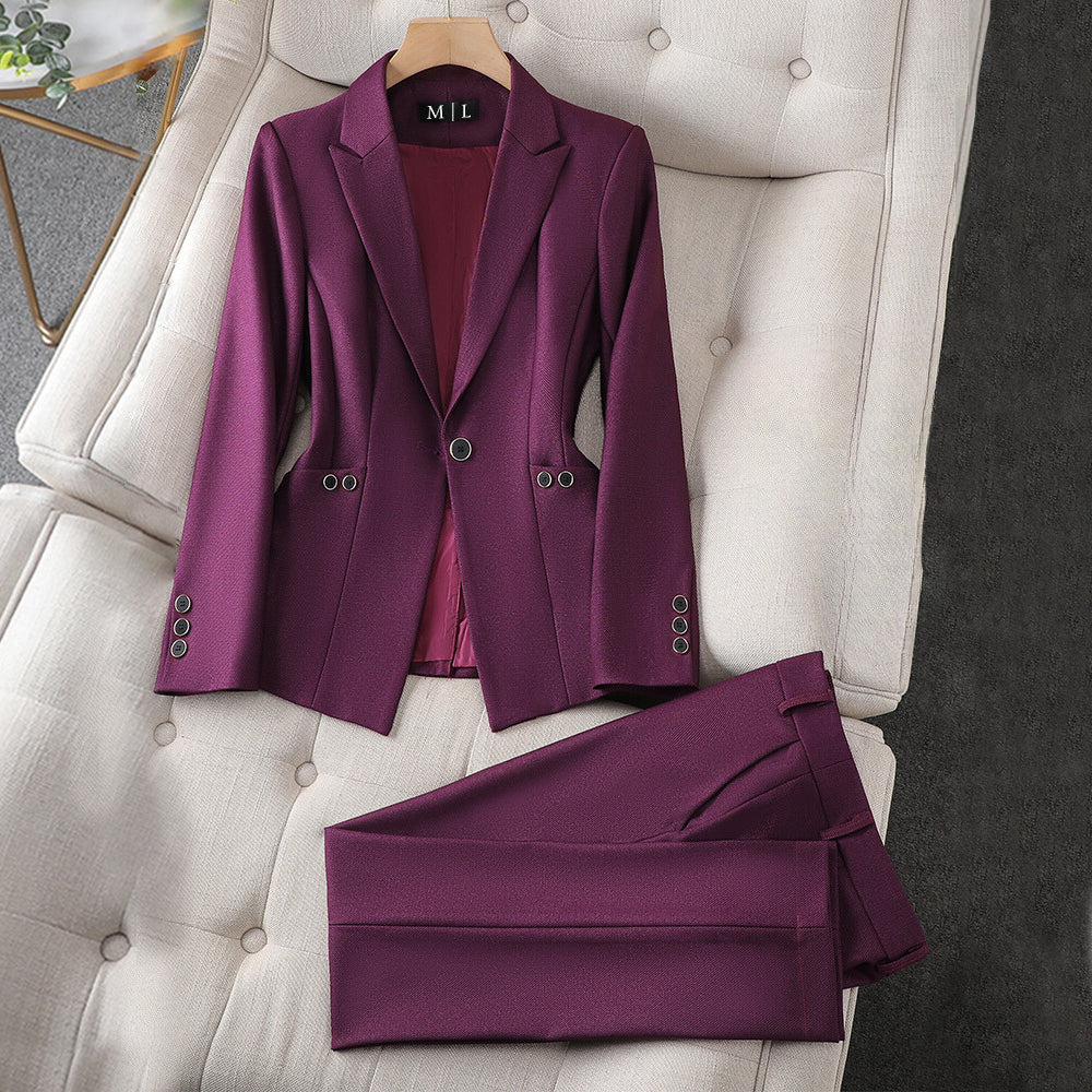 Cream tailored blazer and pants power duo set with elegant lapel collar and refined button closure