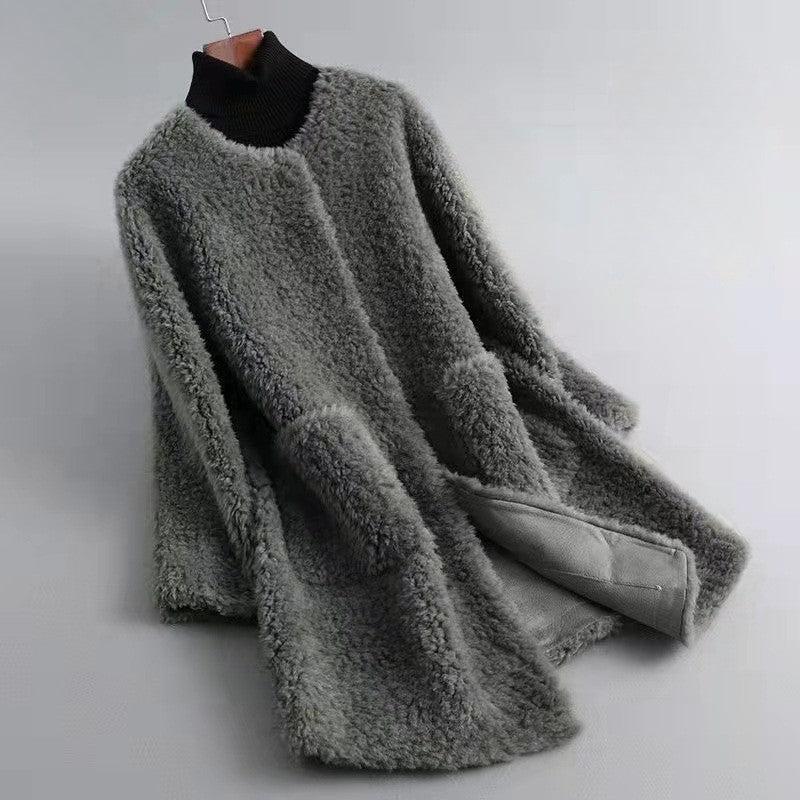 Valentina Rossi velvet-soft faux shearling coat in glossy satin finish, luxurious plush cozy style