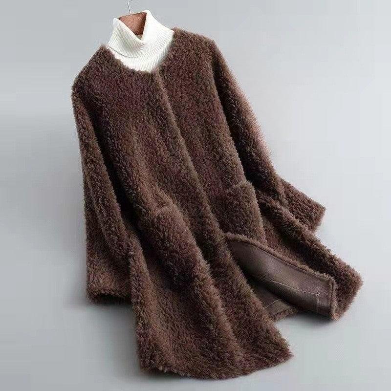 Valentina Rossi ivory faux shearling coat velvet-soft satin finish longline luxe winter style