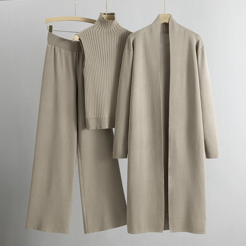 Relaxed-fit open-front duster cardigan three-piece set with wide-leg pants and sleeveless turtleneck