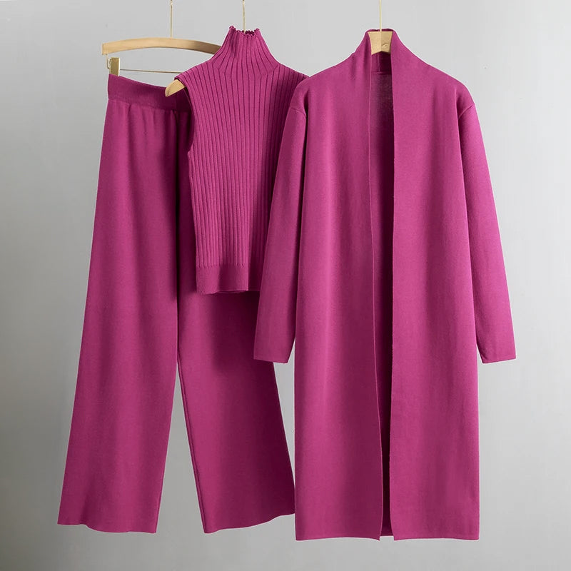 Ivory relaxed-fit duster cardigan three-piece set with open-front silhouette and wide-leg pants