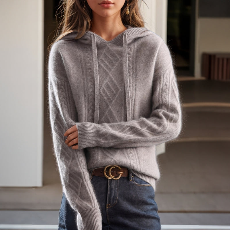Valentina Rossi cream hooded pullover with cable-knit pattern and adjustable drawstring in wool blend