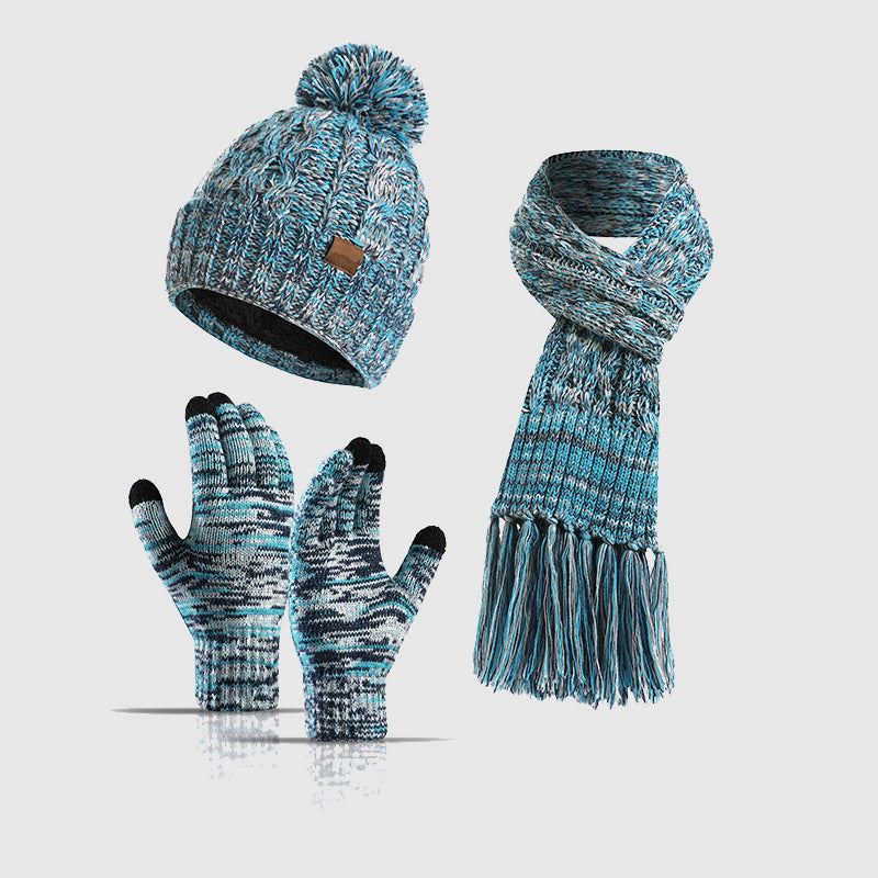 Valentina Rossi Frosty Delight knitted hat scarf gloves trio set colorful cozy winter accessories