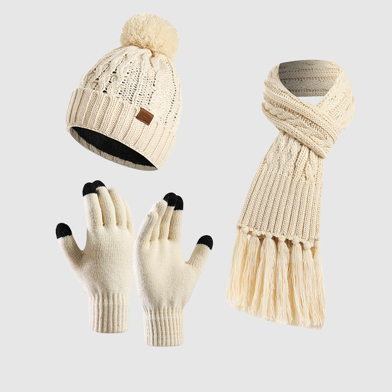Valentina Rossi knitted trio set hat scarf gloves colorful cozy winter accessories with textured design