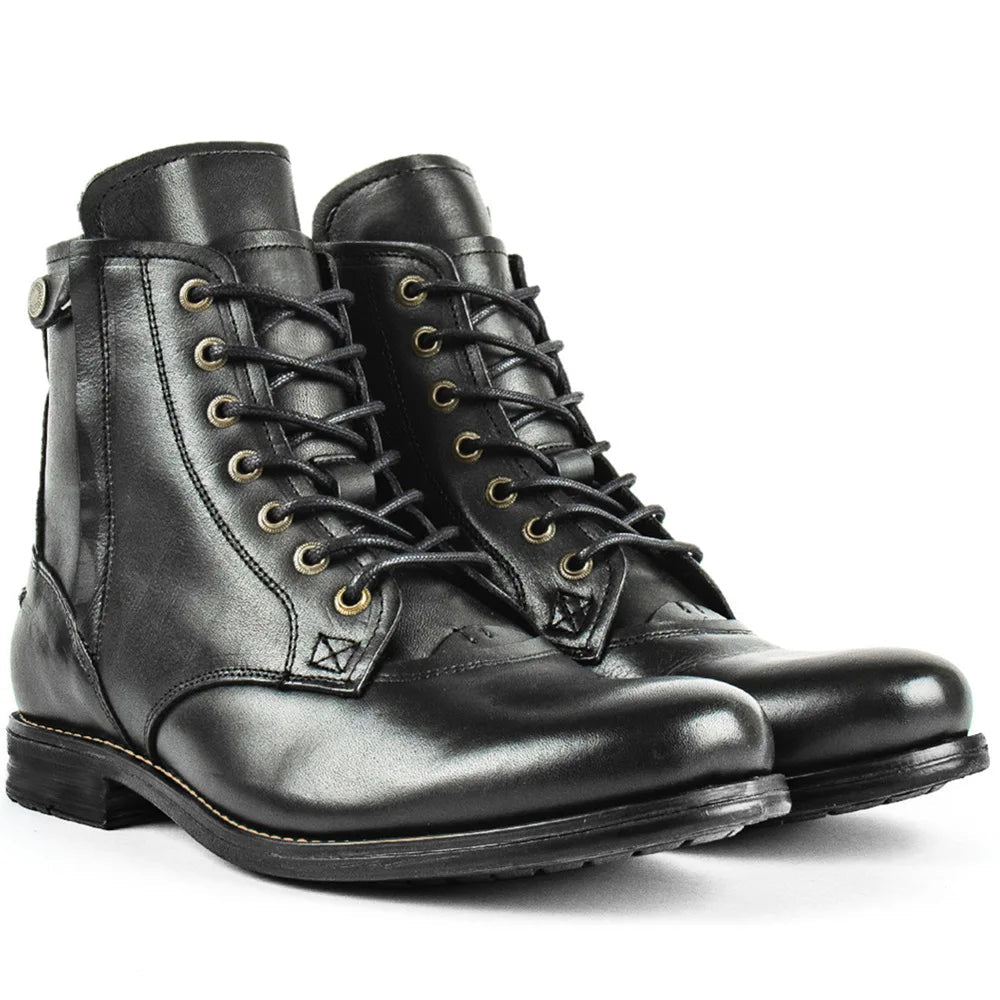 Orion tactical leather boots in dark brown with reinforced metal eyelets and rugged combat sole