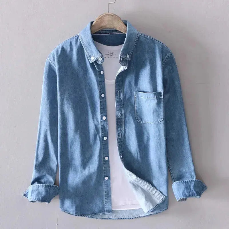 Men's pure cotton denim long sleeve button-down shirt, classic casual and formal versatile fit