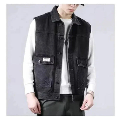Classic blue washed denim vest with button-up closure and front pockets for rugged layering