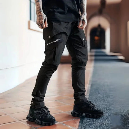 Men's slim tapered cargo pants in urban style with multi-pocket design and zip closure
