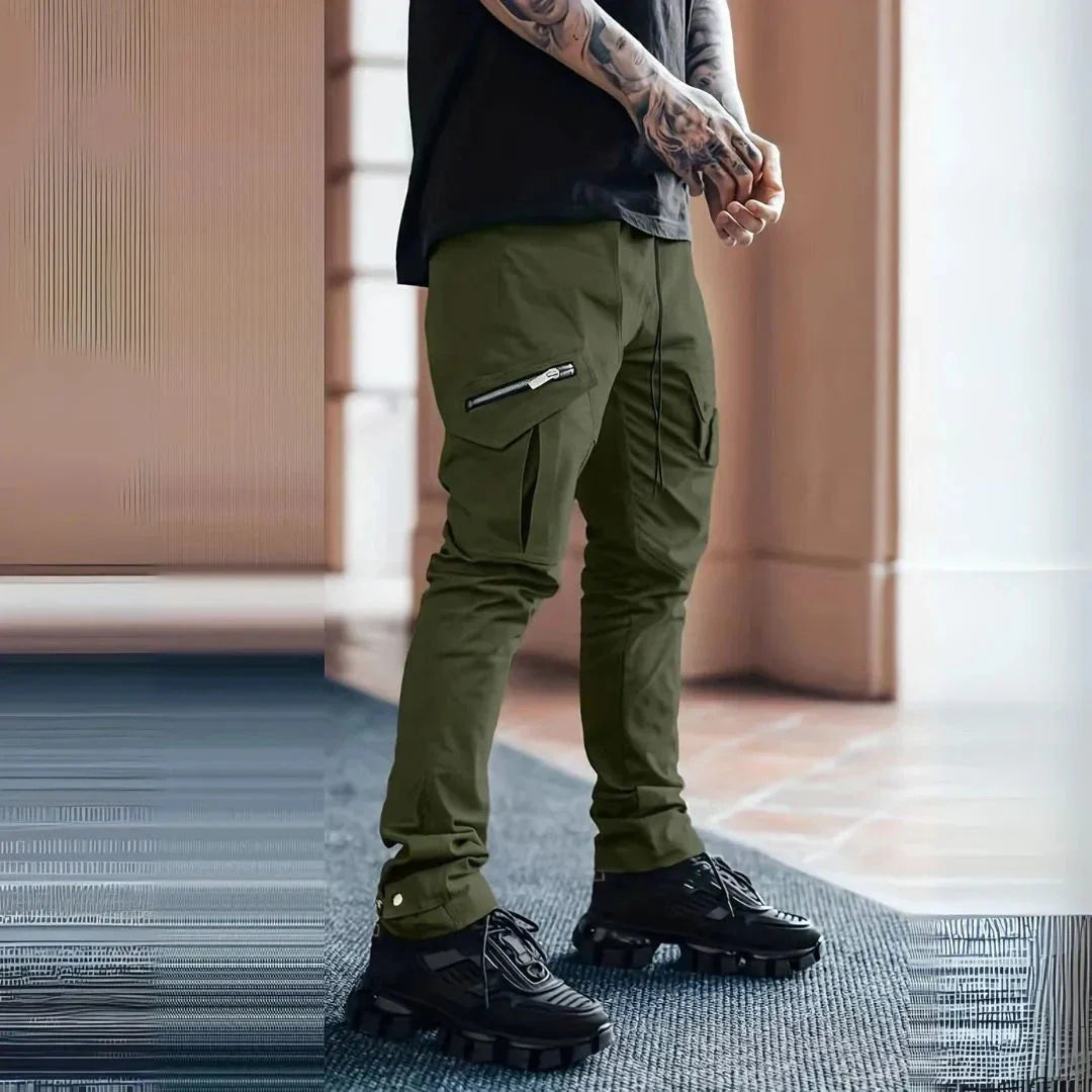 Men's slim tapered cargo pants in urban style with zip closure and multi-pocket design