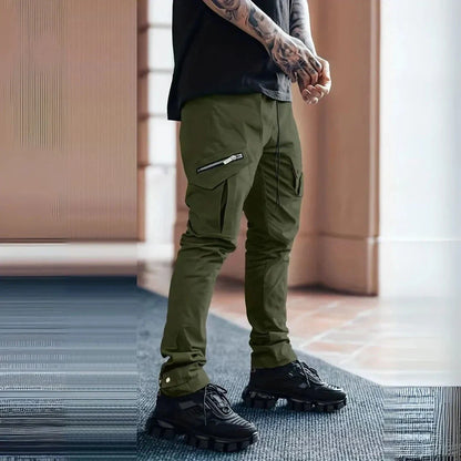 Men's slim tapered cargo pants in urban style with zip closure and multi-pocket design