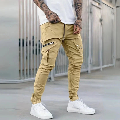 Men's slim tapered cargo pants in urban style with multi-pocket design and zip details