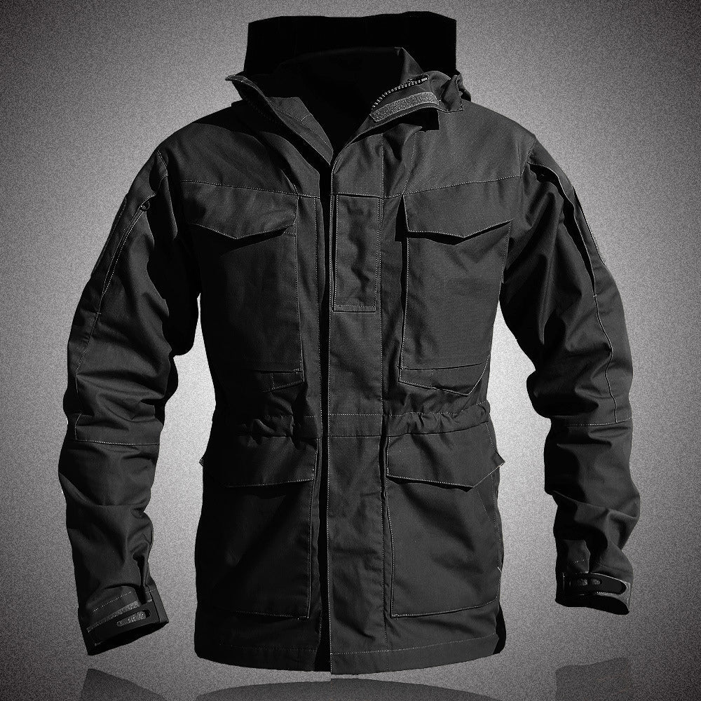 Vanguard tactical outdoor jacket in rugged military-inspired polyester blend with multi-pockets and hood