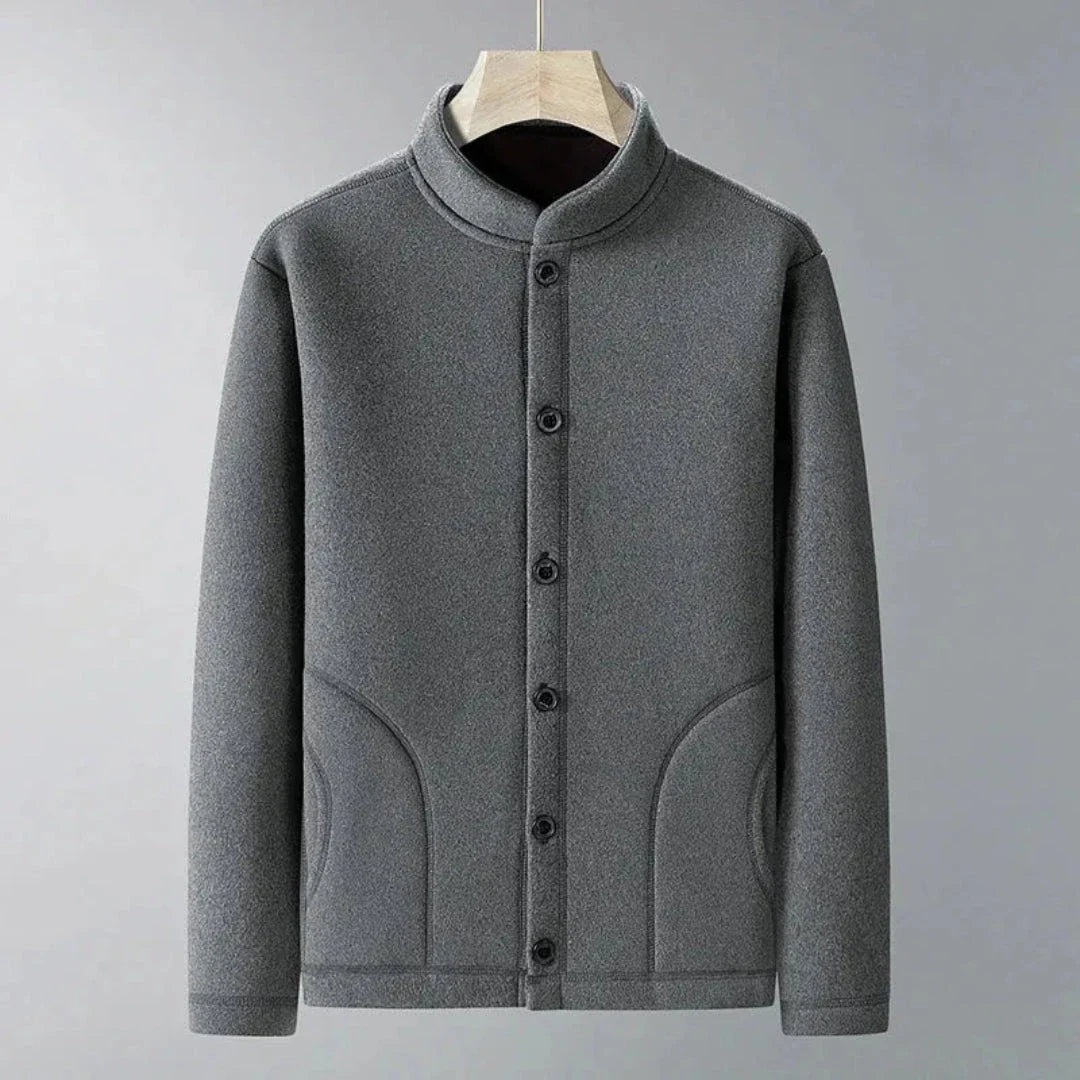 Varun gray button-up cardigan with stand collar, minimalist style, full closure and side pockets