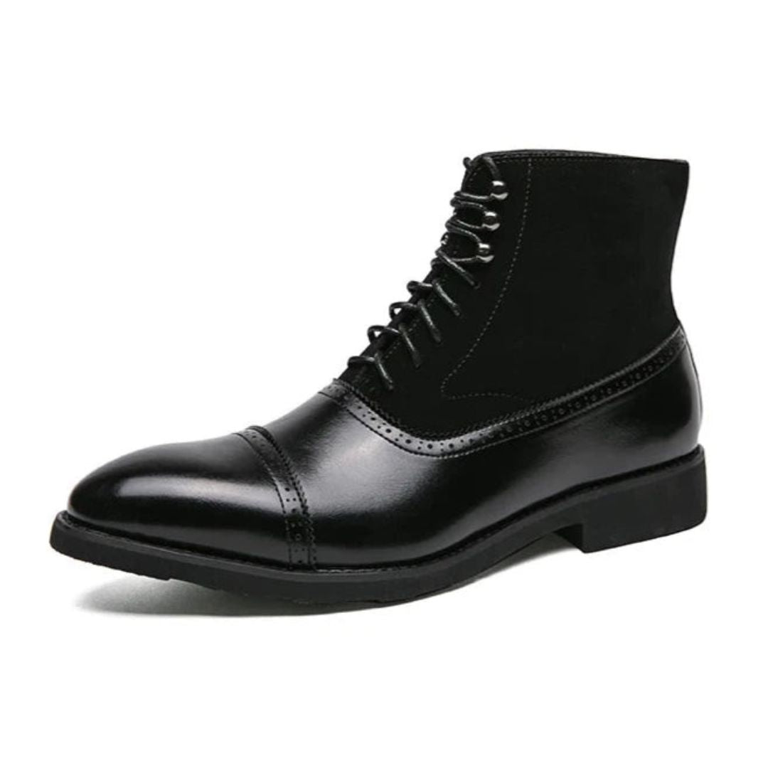 Men's brown leather suede cap-toe boots with hybrid sole, polished formal silhouette by Wavlynn