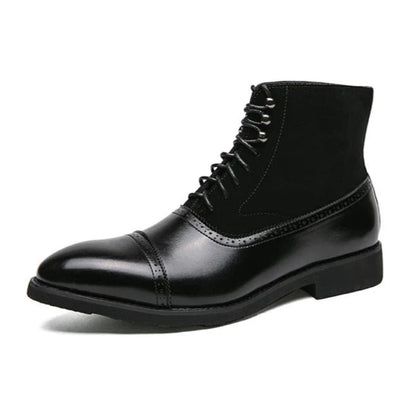 Men's brown leather suede cap-toe boots with hybrid sole, polished formal silhouette by Wavlynn