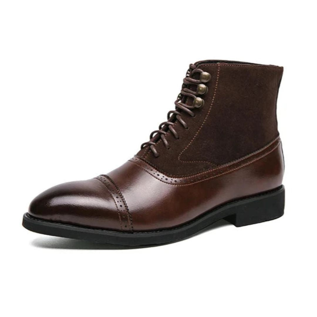 Men's brown leather suede cap-toe boots with refined silhouette and durable hybrid sole by Wavlynn