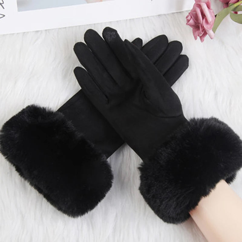 Ivory faux fur cuff winter gloves with velvety suede exterior, chic feminine cold-weather accessory
