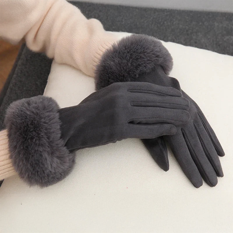 Ivory faux fur cuff winter gloves with velvety suede exterior, chic feminine cold-weather accessory