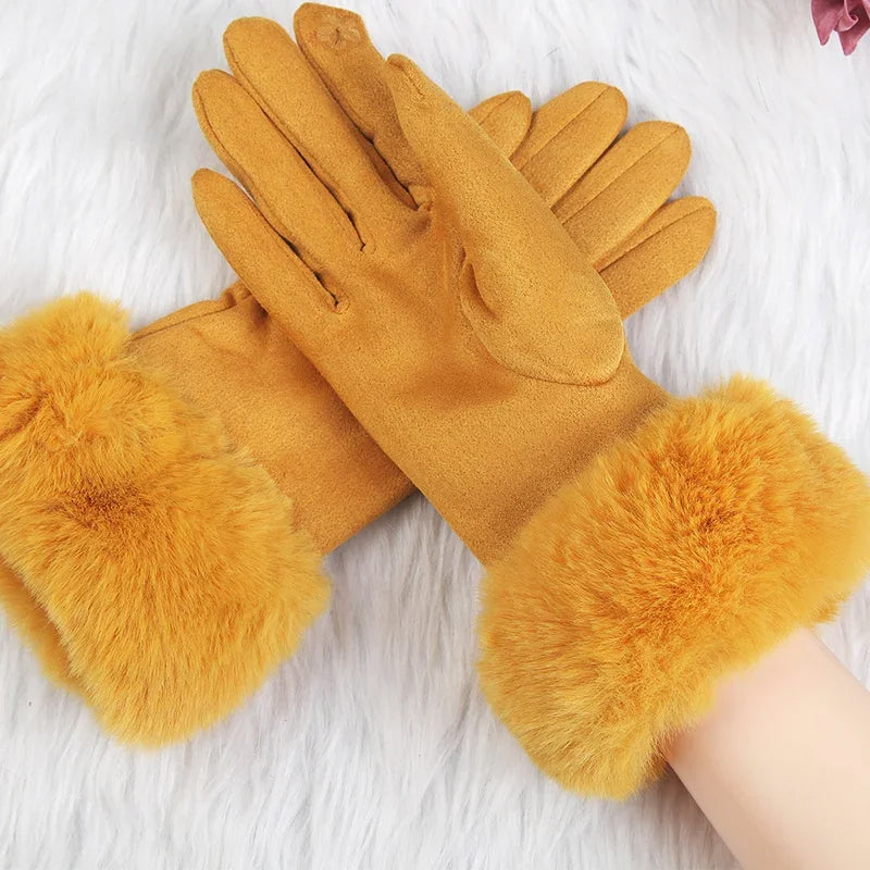 Black faux fur cuffed winter gloves with velvety suede exterior, chic feminine cold-weather accessory