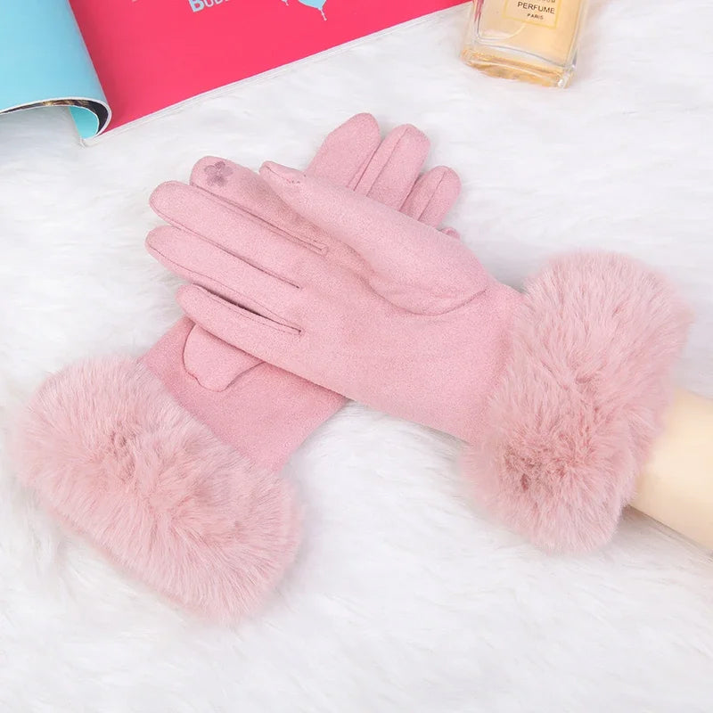 Ivory faux fur cuffed winter gloves with velvety suede-like exterior, chic feminine cold-weather essential