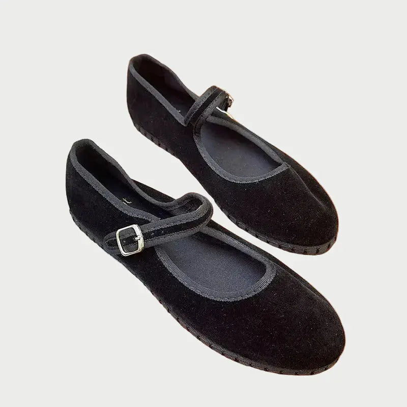 Women's velvet Mary Jane ballet flats in rich jewel tones with classic ankle strap closure