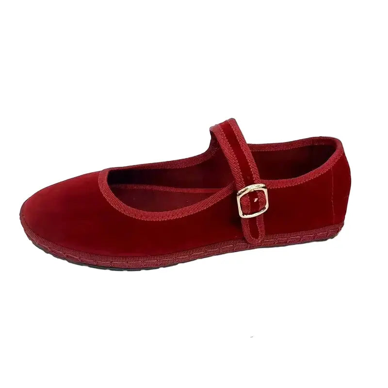 Women's velvet Mary Jane ballet flats in elegant plush texture with classic strap detail