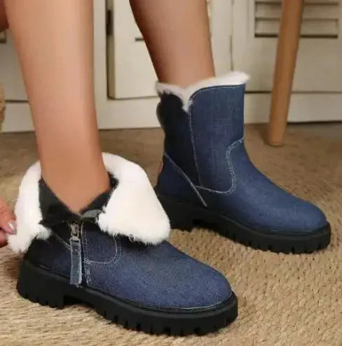 Women's velvet snow boots in plush finish, cozy insulated winter style with elegant textured exterior