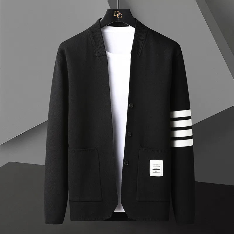 Veneto stripe cardigan with athletic sleeve stripes, button-down front, mid-weight knit, modern preppy style