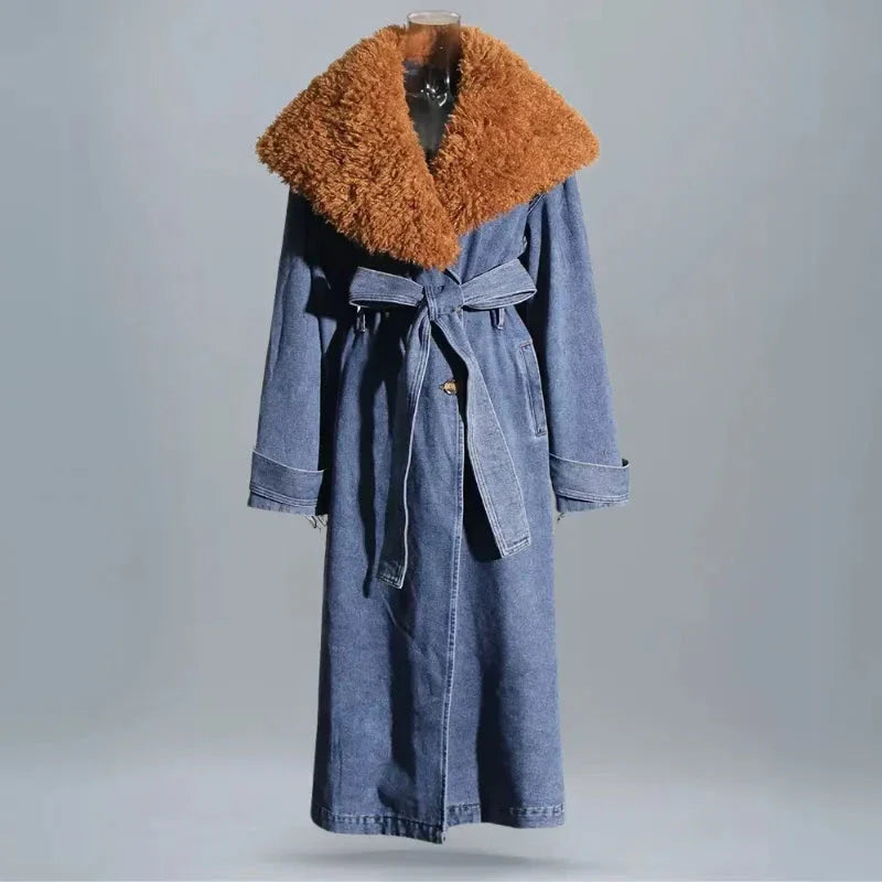 Women's longline denim coat with oversized faux fur collar, belted waist, and wide cuff sleeves