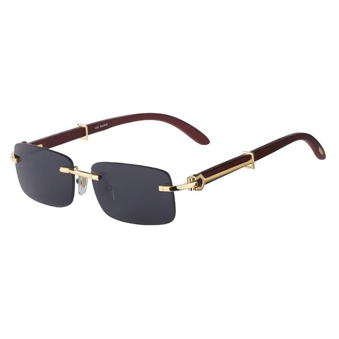 Verona Prestige rimless unisex sunglasses gold tone accents polished oak arms sleek minimalist silhouette