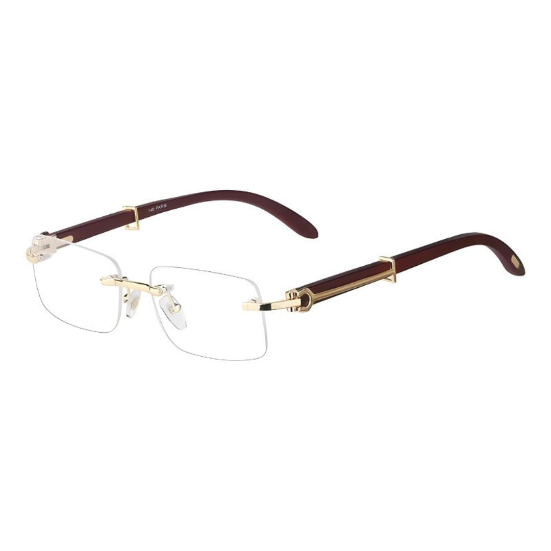 Wavlynn Verona rimless unisex sunglasses gold tone accents polished oak arms UV-protected lenses
