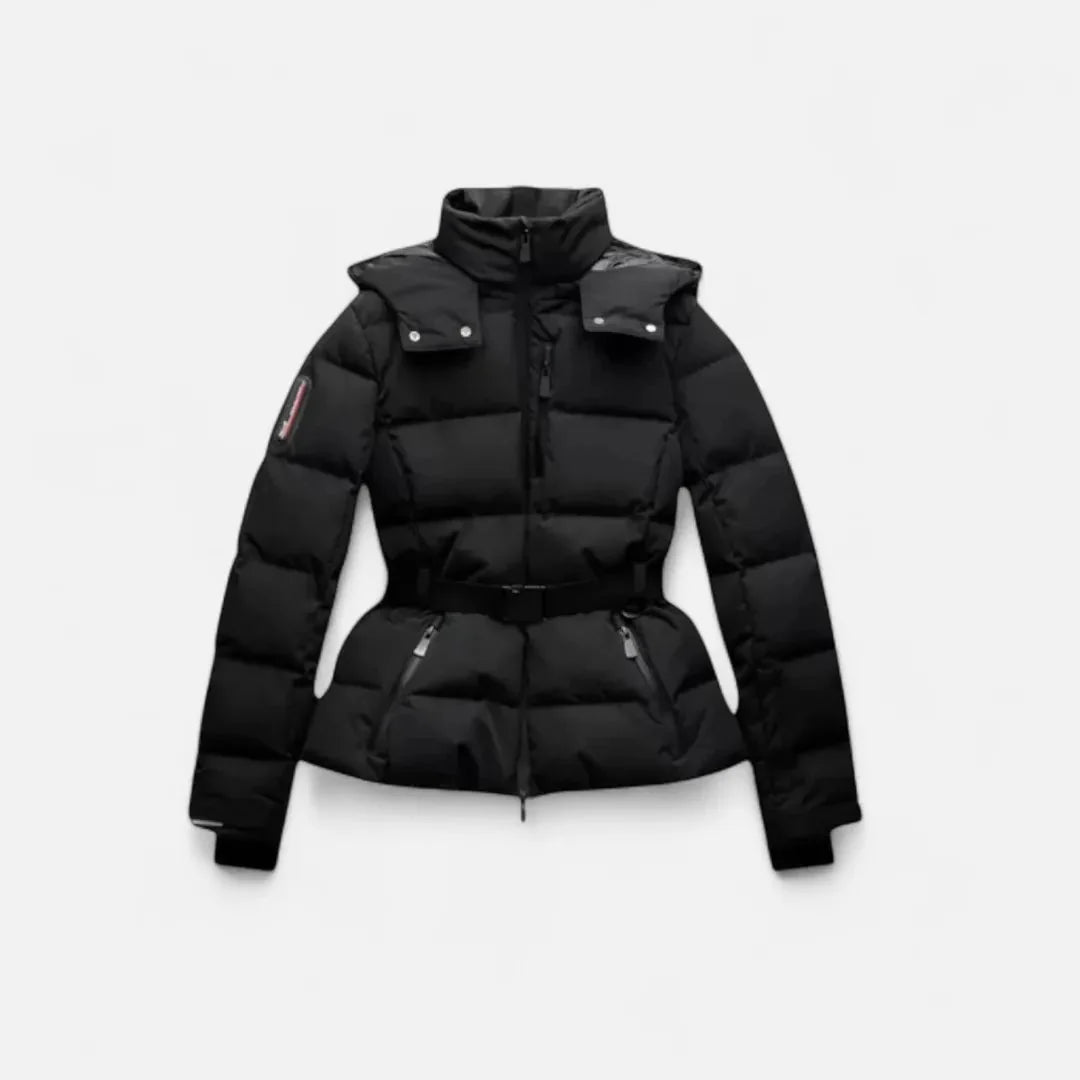 Women's belted puffer jacket water-resistant lightweight insulation flattering silhouette