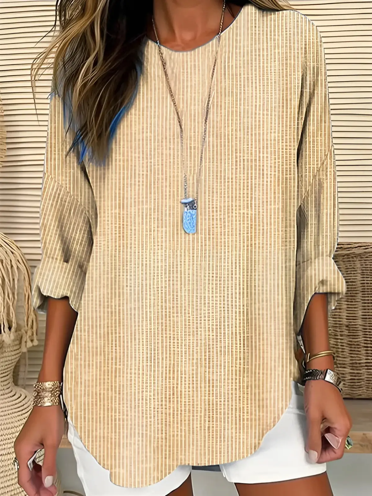 Women's vertical striped lightweight long sleeve blouse with silhouette-lengthening stripe pattern