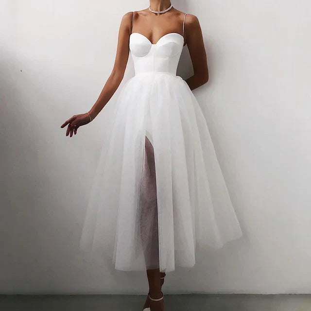 Women's ivory tulle midi dress A-line silhouette with romantic sweetheart neckline for formal occasions