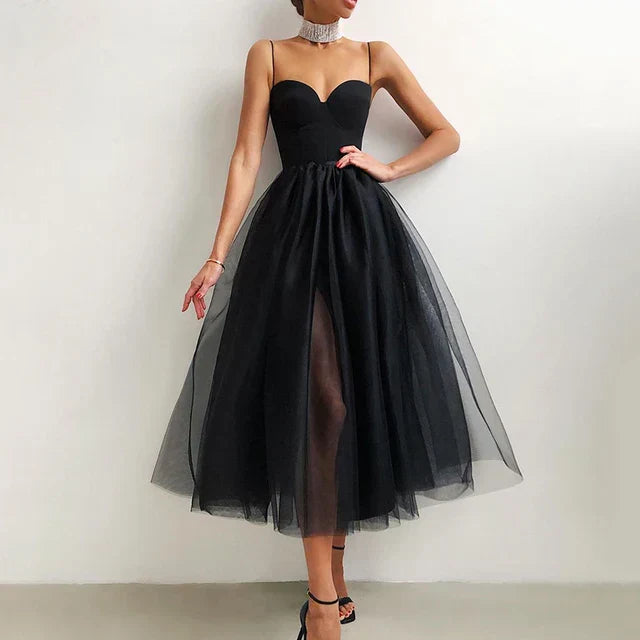 Women's ivory tulle midi dress A-line silhouette with romantic sweetheart neckline for formal occasions