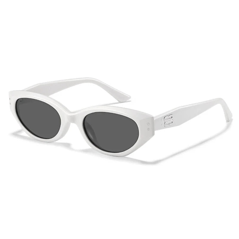 Glossy black acetate oval sunglasses with sculpted lenses, sleek temples and metal logo detail