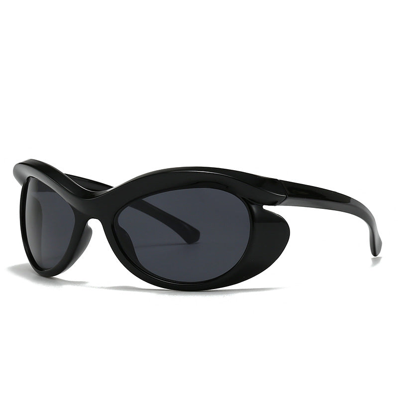 Glossy black wraparound oval sunglasses with dark UV lenses and futuristic sculpted frame
