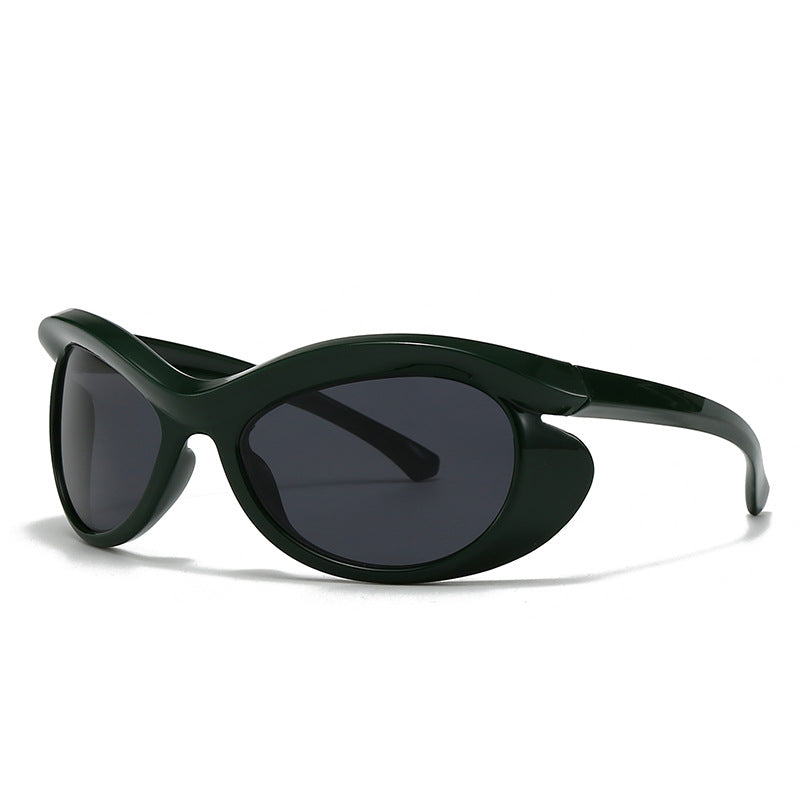 Glossy black wraparound oval sunglasses with dark UV lenses and futuristic sculpted frame