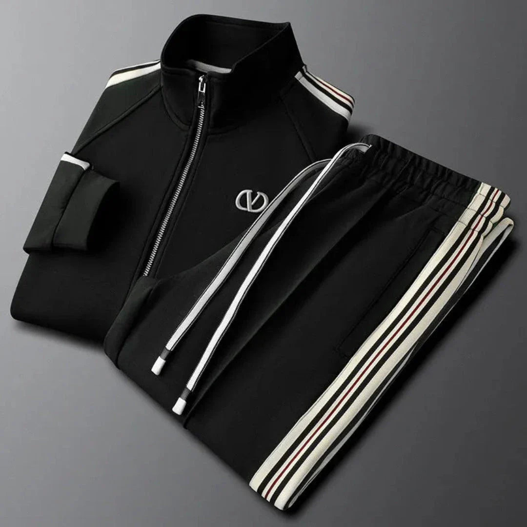 Black full-zip tracksuit set with contrast side stripes, modern athletic fit, elastic waistband drawstring