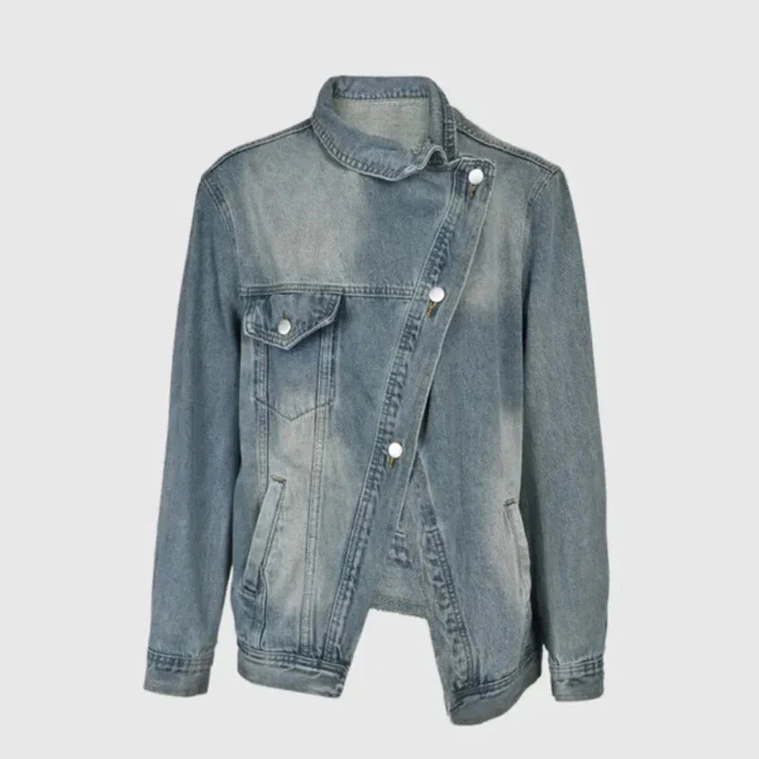 Blue oversized asymmetrical denim jacket with high neck collar and bold button-front closure