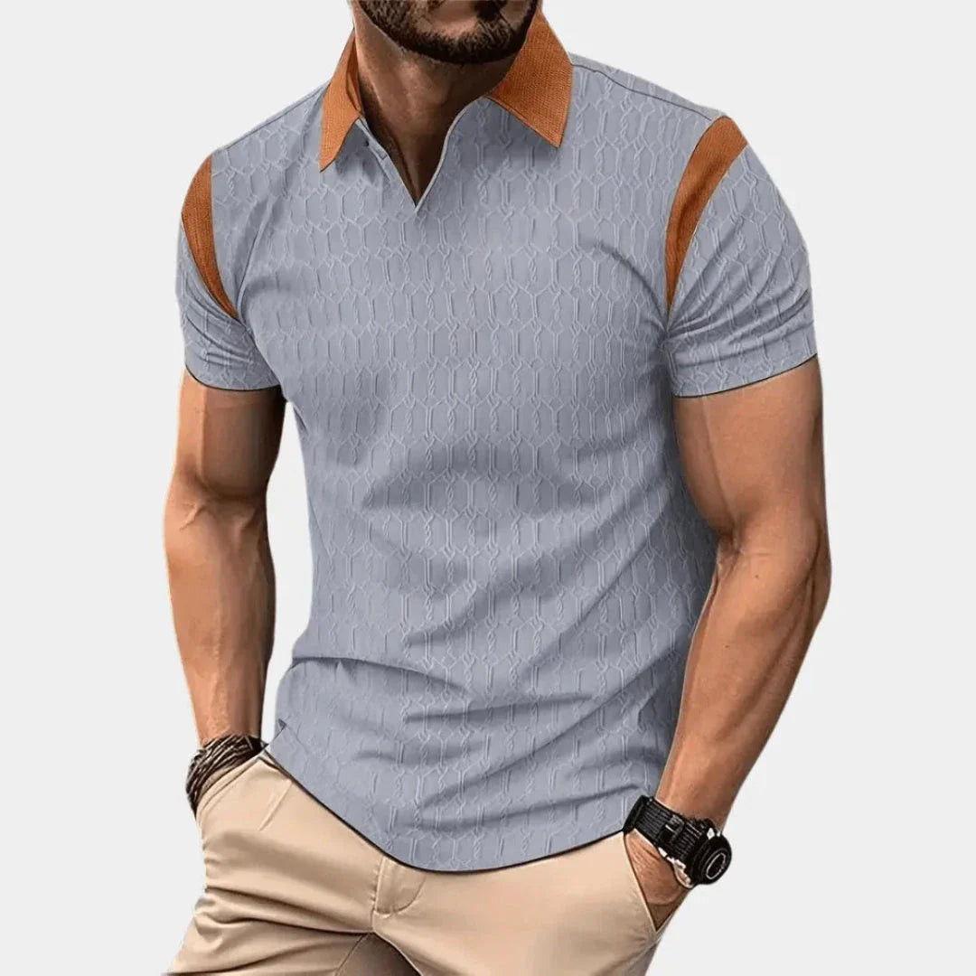 Men's navy tailored-fit polo shirt with contrast collar and shoulder panels, short sleeve smart casual