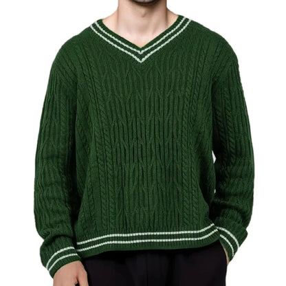 Deep green cable knit V-neck jumper with white stripe trim on collar, cuffs, and hem