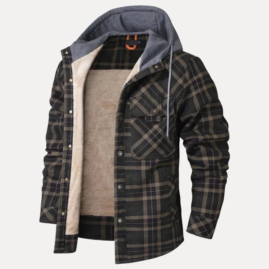 Unisex plaid padded winter jacket with sherpa lining, adjustable hood, and front chest pockets